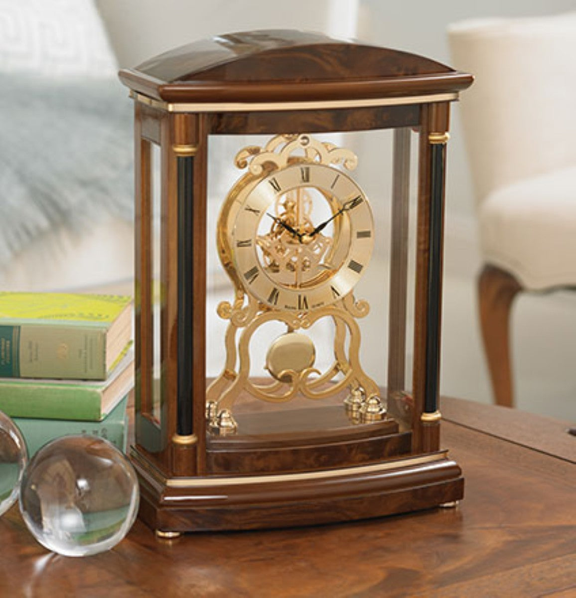 Bulova B2026 Valeria Skeleton Walnut Burl Mantel Clock – Playful Tail