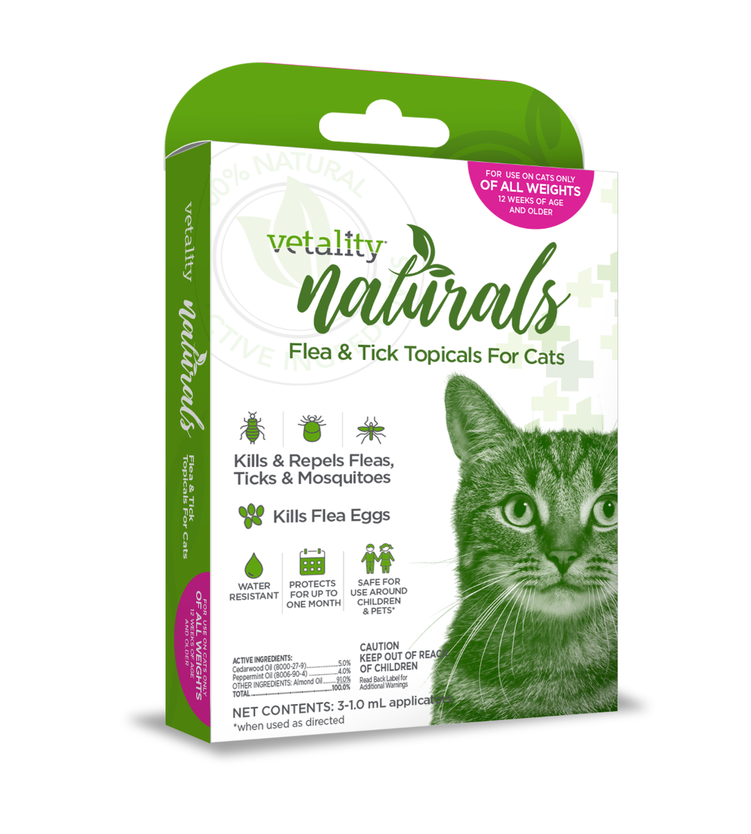 Vetality Naturals Flea & Tick Topicals for Cats, 3 Doses – Playful Tail - Topical Flea And Tick Prevention For Outdoor Cats