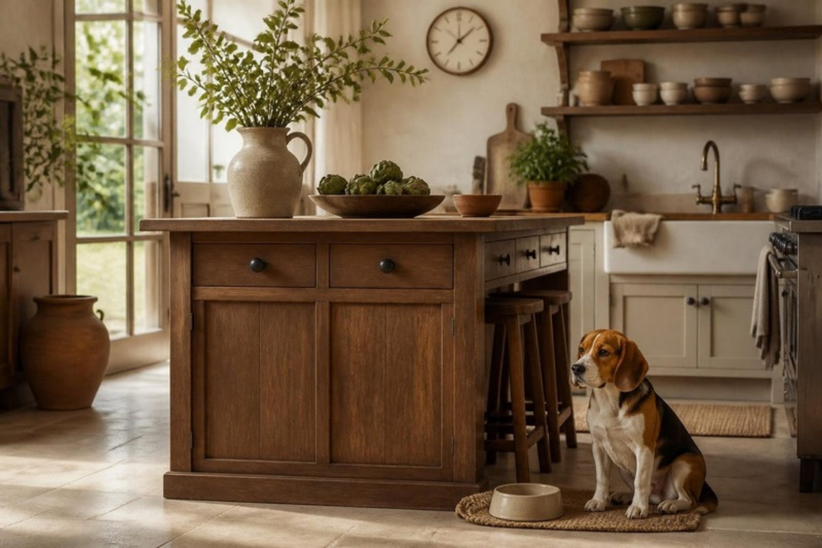 A beagle sits beside a ceramic dog bowl on a woven mat at the end of a wooden kitchen island, with open shelves, a stoneware pitcher and a small wall clock behind.