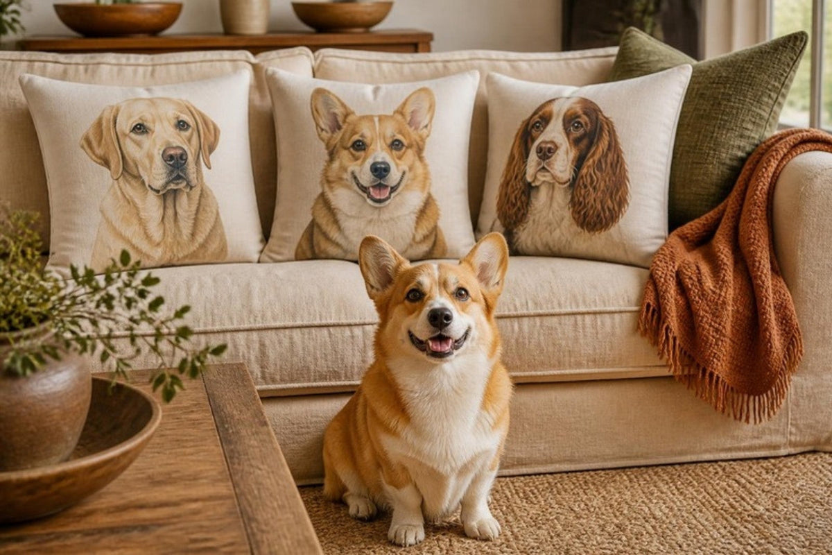 A corgi sits in front of a linen sofa holding three throw pillows printed with painted portraits of a labrador, a corgi and a spaniel.