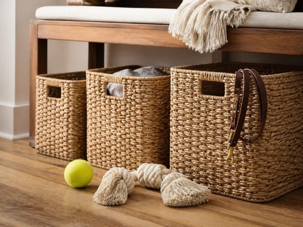 Woven seagrass storage baskets under an entry bench with a tennis ball, a rope dog toy and a leather leash