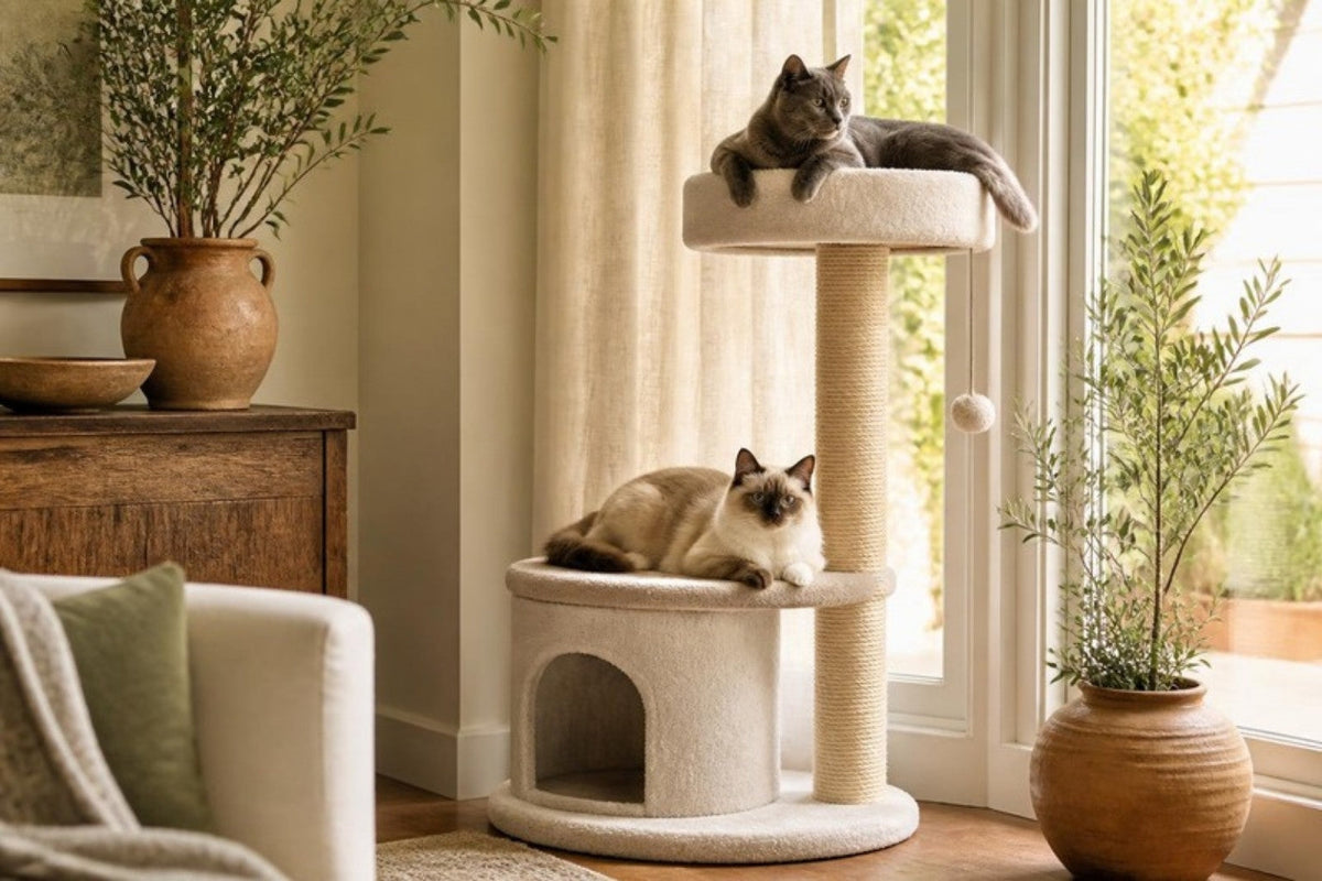A grey cat lounges on the top perch of a tall beige carpeted cat tree beside a sunny window while a second cat rests on the lower platform.