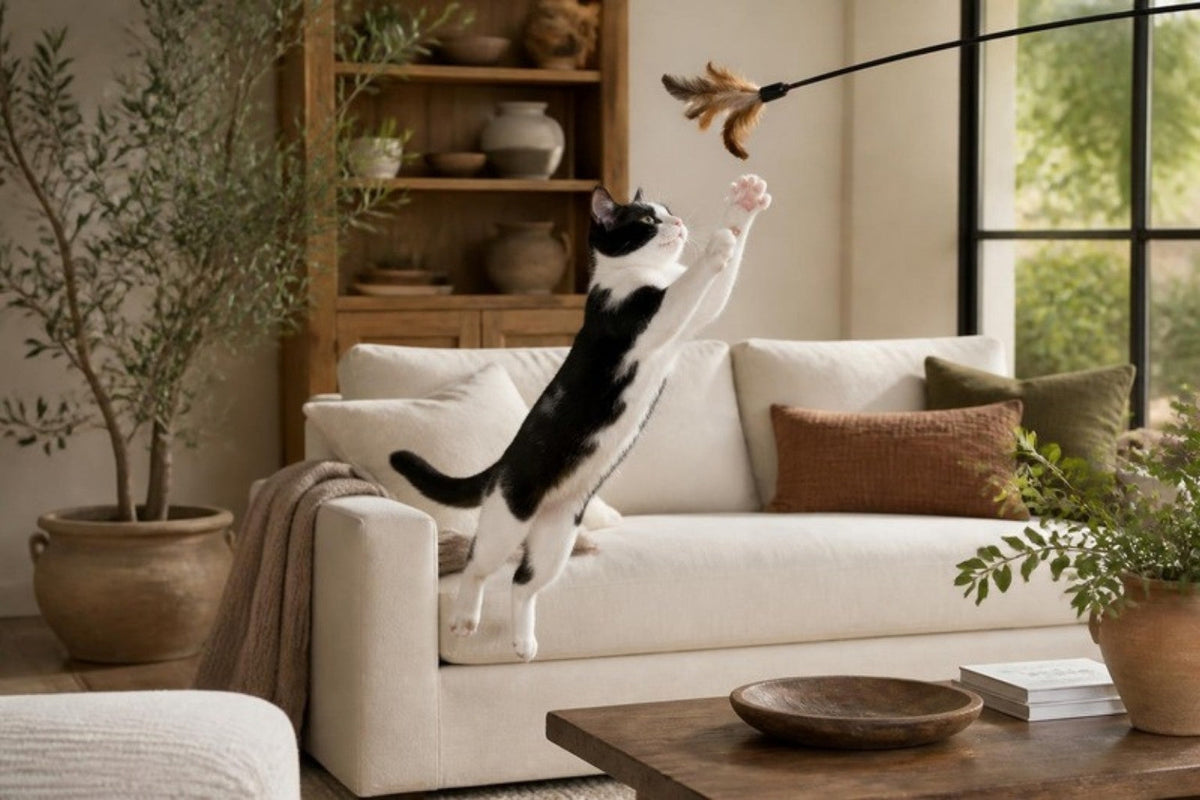 A black-and-white cat leaps up from a linen sofa to bat at a feather teaser wand dangling from above in a sunlit living room.