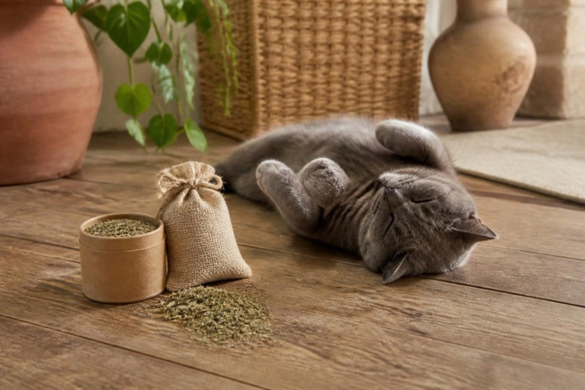 A grey cat rolls on a wooden floor beside a small burlap sachet and a jar of dried catnip with a few leaves spilled out.