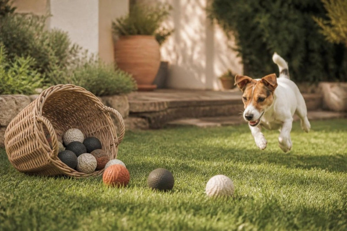 A jack russell terrier runs across a lawn toward a tipped-over wicker basket with rubber and tennis balls rolling out of it.