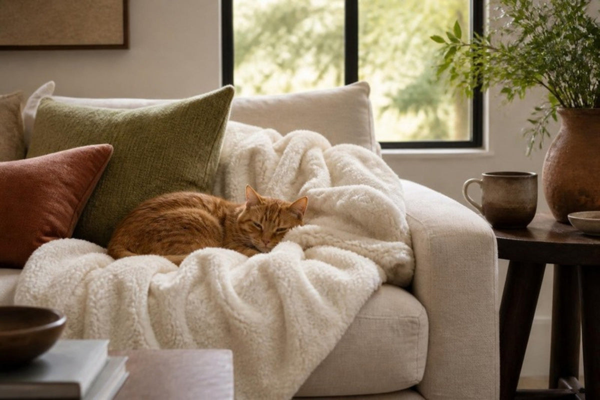 A ginger cat curled up in a bunched cream sherpa fleece throw on a linen sofa in front of a window, with a mug on the side table.