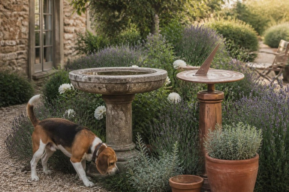 A beagle sniffs the base of a stone bird bath in a cottage garden bed of lavender, with a copper sundial on a pedestal behind.