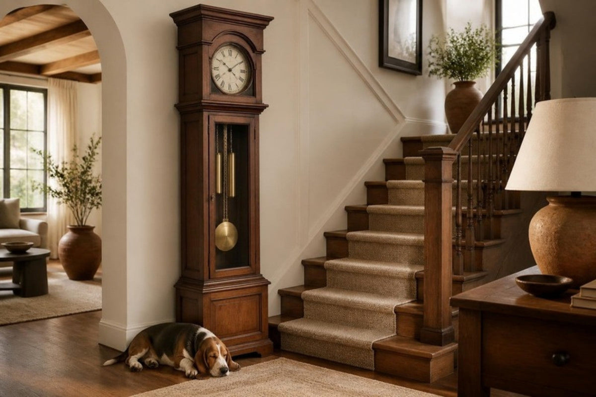 A tall walnut grandfather clock with a brass pendulum stands beside a wooden staircase while a basset hound sleeps at its base on a wool runner.