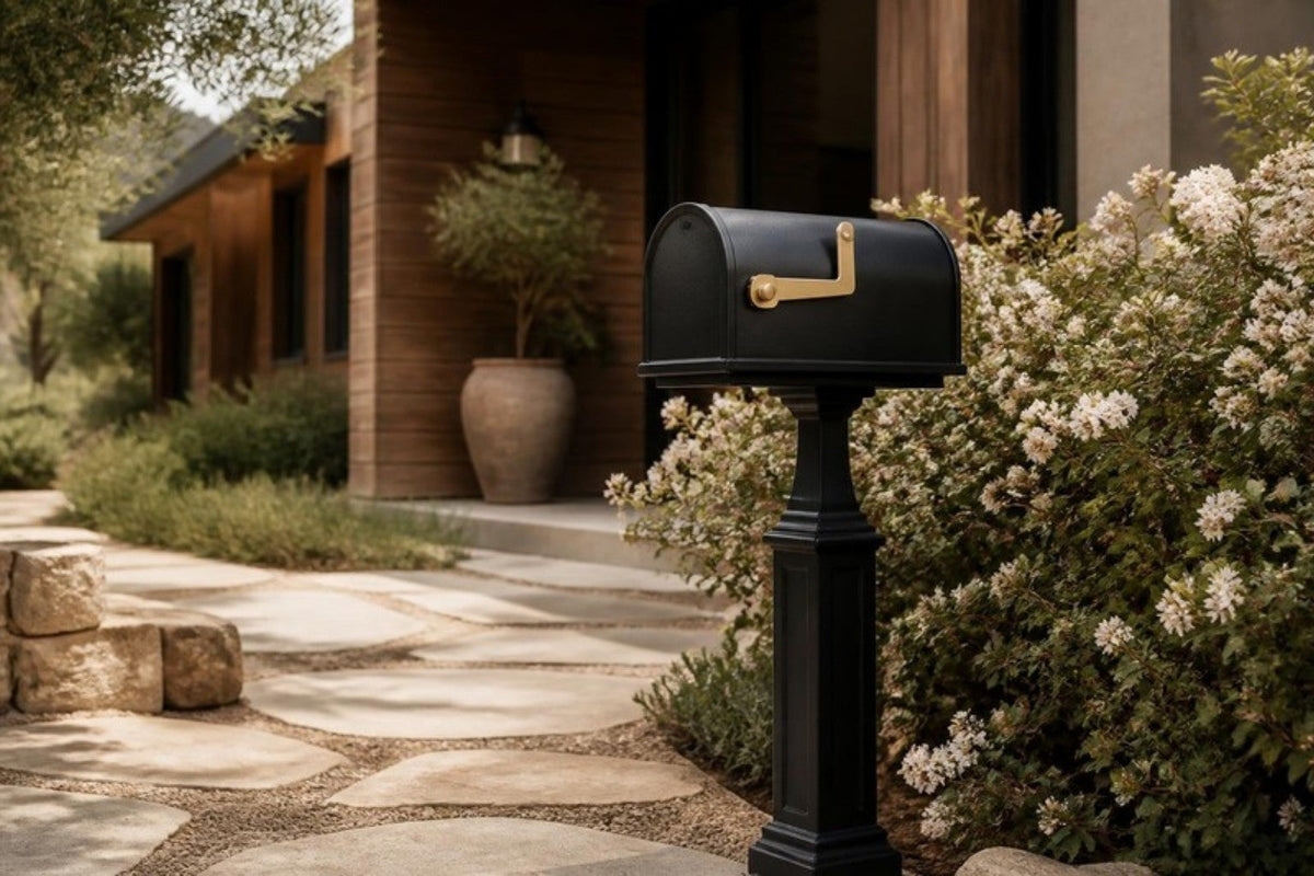 A black post-mount mailbox with a brass flag at the end of a stone path, with a white flowering shrub and a wood-clad house softly out of focus behind.