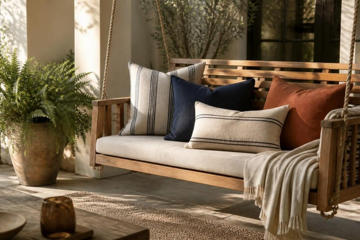 A teak porch swing layered with striped and solid outdoor throw pillows in navy, cream and rust, with a potted fern beside it in afternoon light.