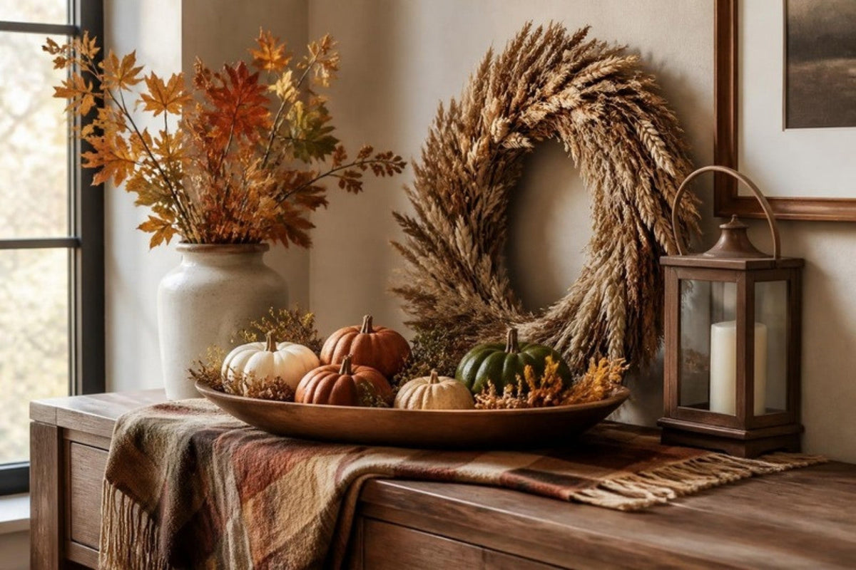 An autumn console with a tray of small pumpkins, a vase of orange leaves, a dried-grass wreath leaning on the wall, a lantern and a plaid runner.