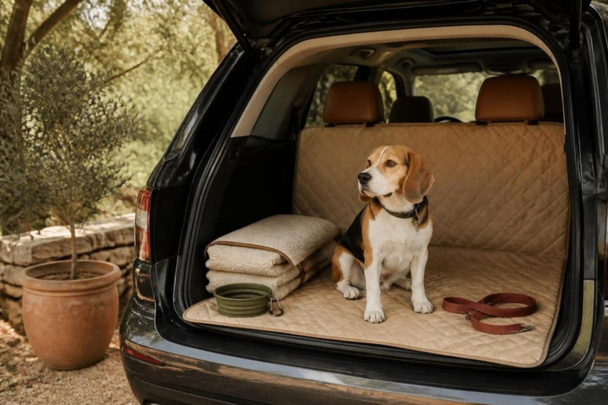 A beagle sits in an open car trunk on a quilted tan cover next to a folded travel bed, a collapsible bowl and a leash, with trees behind.