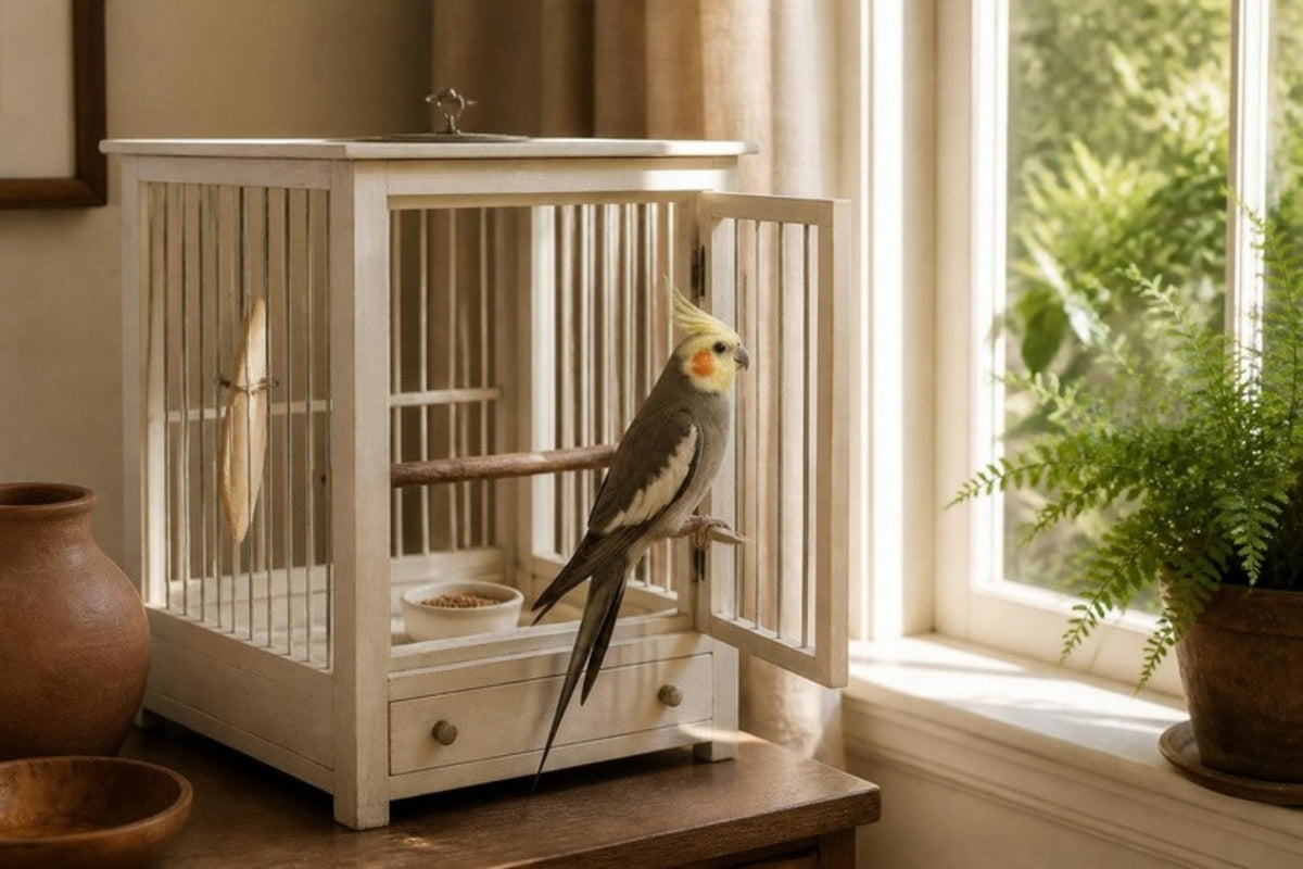 A cockatiel perched on the open door of a white wooden birdcage beside a sunny window with a potted fern on the sill and a small dish inside the cage.