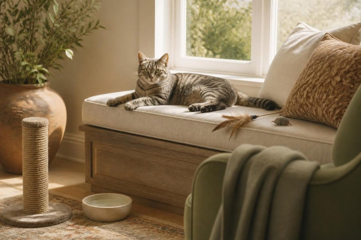 A grey tabby cat lying on a cushioned linen window seat in daylight with a feather wand toy beside it, a carpeted scratching post and a ceramic bowl on the floor below.