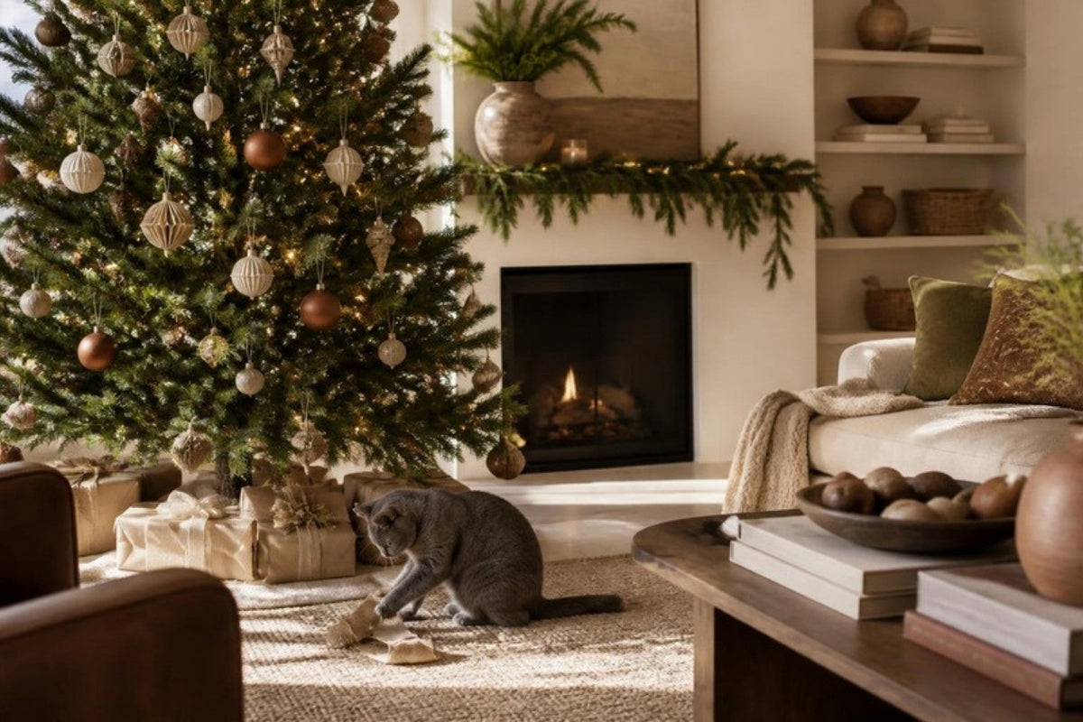 A grey cat sits beneath a decorated fir tree with warm lights and neutral ornaments, with wrapped gifts on the floor, a green garland on the mantel and a lit fireplace in a living room.