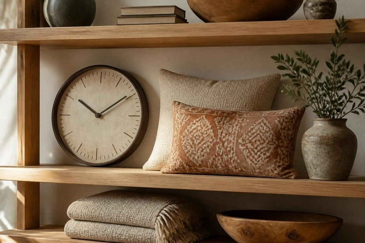 Pale wood shelving holds a round walnut wall clock, two oatmeal and rust throw pillows, a stoneware vase with greenery, a wooden bowl and folded blankets against a warm white wall.
