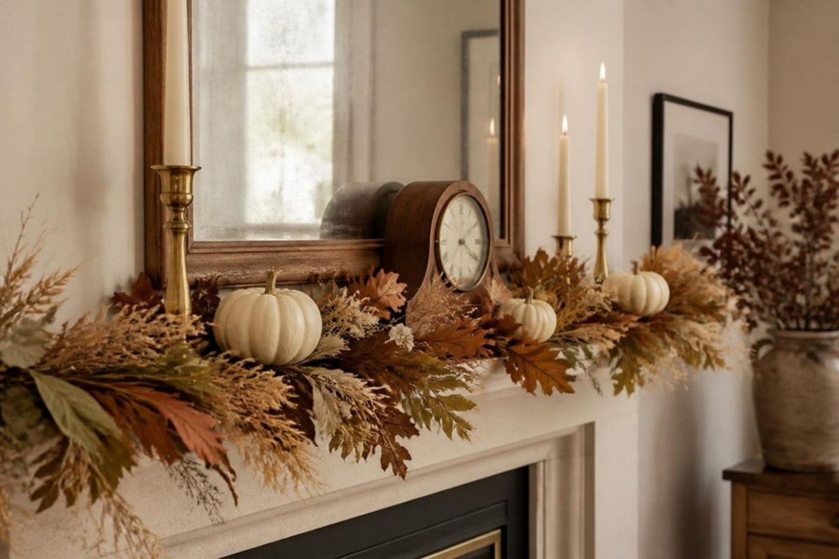 A white mantel dressed with a garland of dried leaves and wheat, small white pumpkins, taper candles in brass holders and a walnut mantel clock in warm afternoon light.