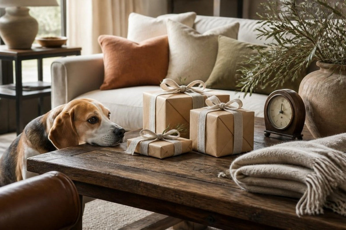 A beagle rests its chin on the edge of a dark wooden coffee table beside three gifts wrapped in kraft paper and linen ribbon, a small mantel clock and a folded cream throw.