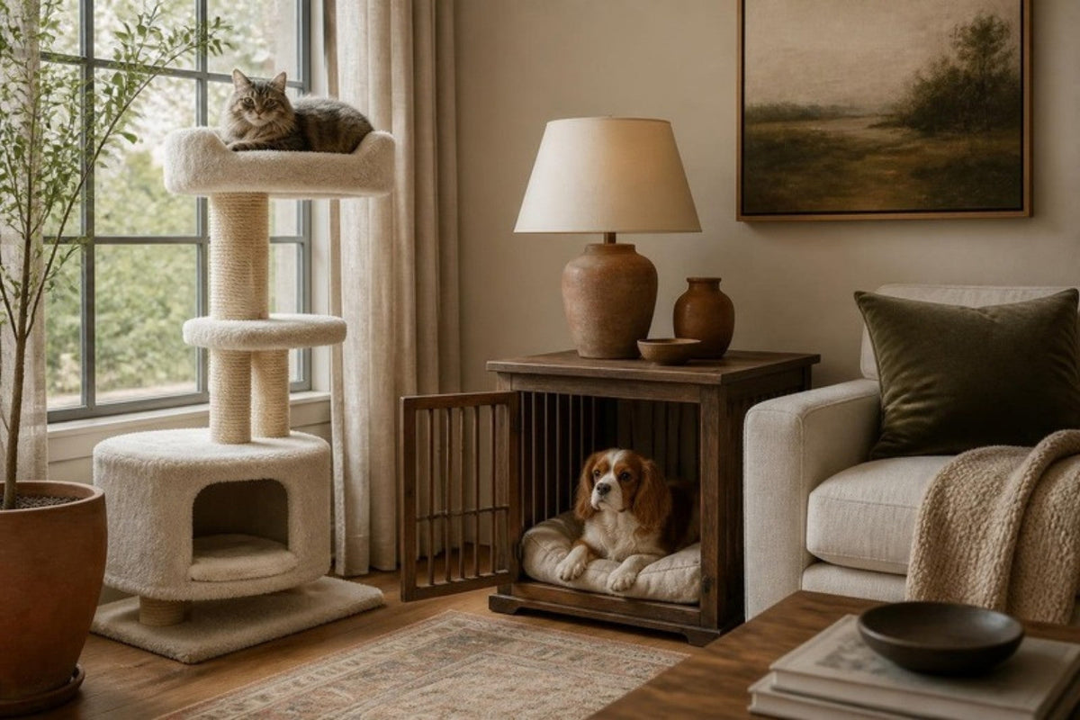 A cat rests on the top perch of a tall carpeted cat tree beside a window, next to a wooden dog crate used as an end table with a lamp on top and a spaniel lying inside the open crate.