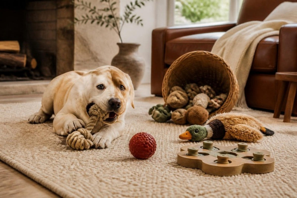 A young yellow labrador lies on a cream rug chewing a knotted rope toy, surrounded by a red rubber ball, a plush duck, a wooden puzzle feeder and a tipped-over woven toy basket.