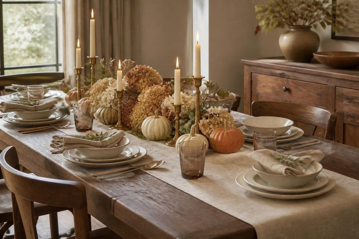 A wooden dining table set with a linen runner, stoneware plates, brass candlesticks and a low centerpiece of dried hydrangea and small pumpkins.
