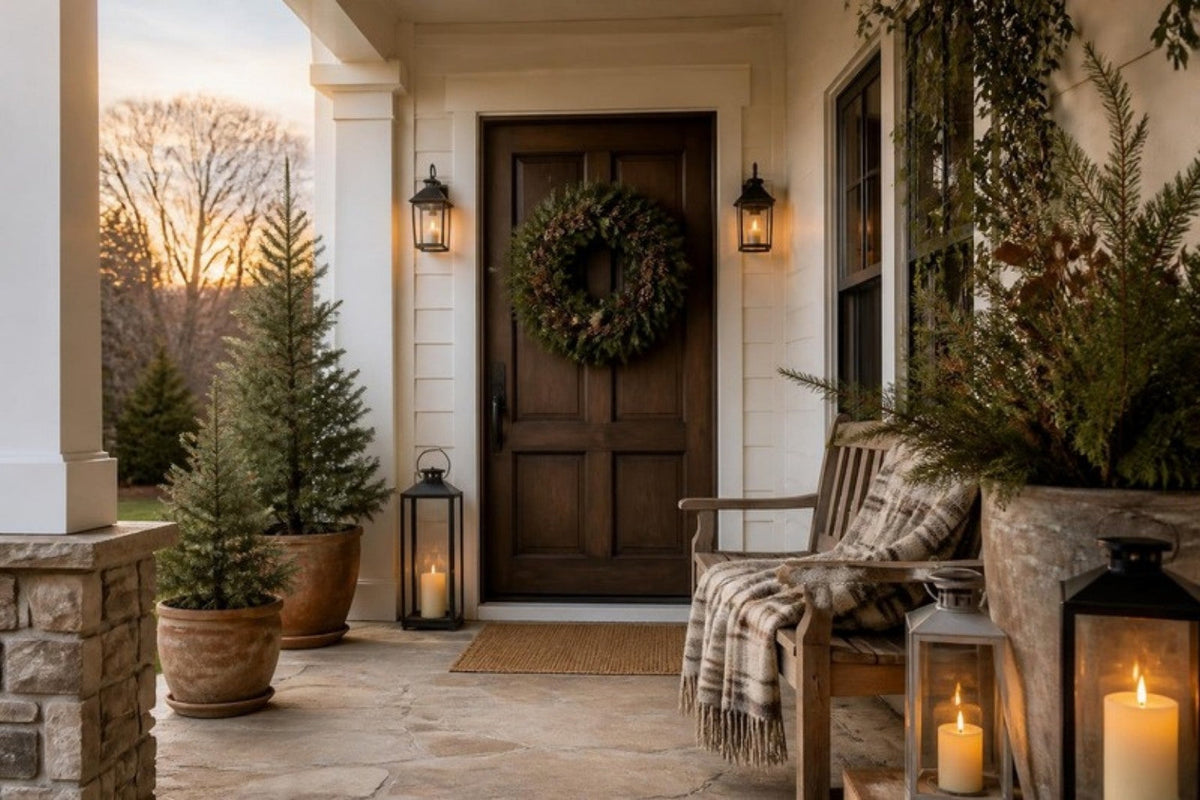 A front porch at dusk with a wreath on the wooden door, glowing lanterns, potted evergreens and a plaid throw on a wooden bench.