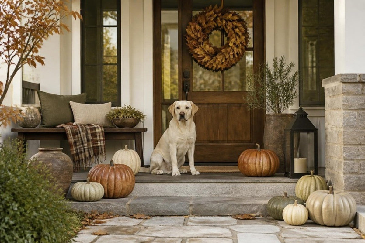 A yellow labrador sits on the top step of a covered front porch decorated with heirloom pumpkins, a dried-leaf wreath on the door, a black lantern and a plaid throw draped over a bench.