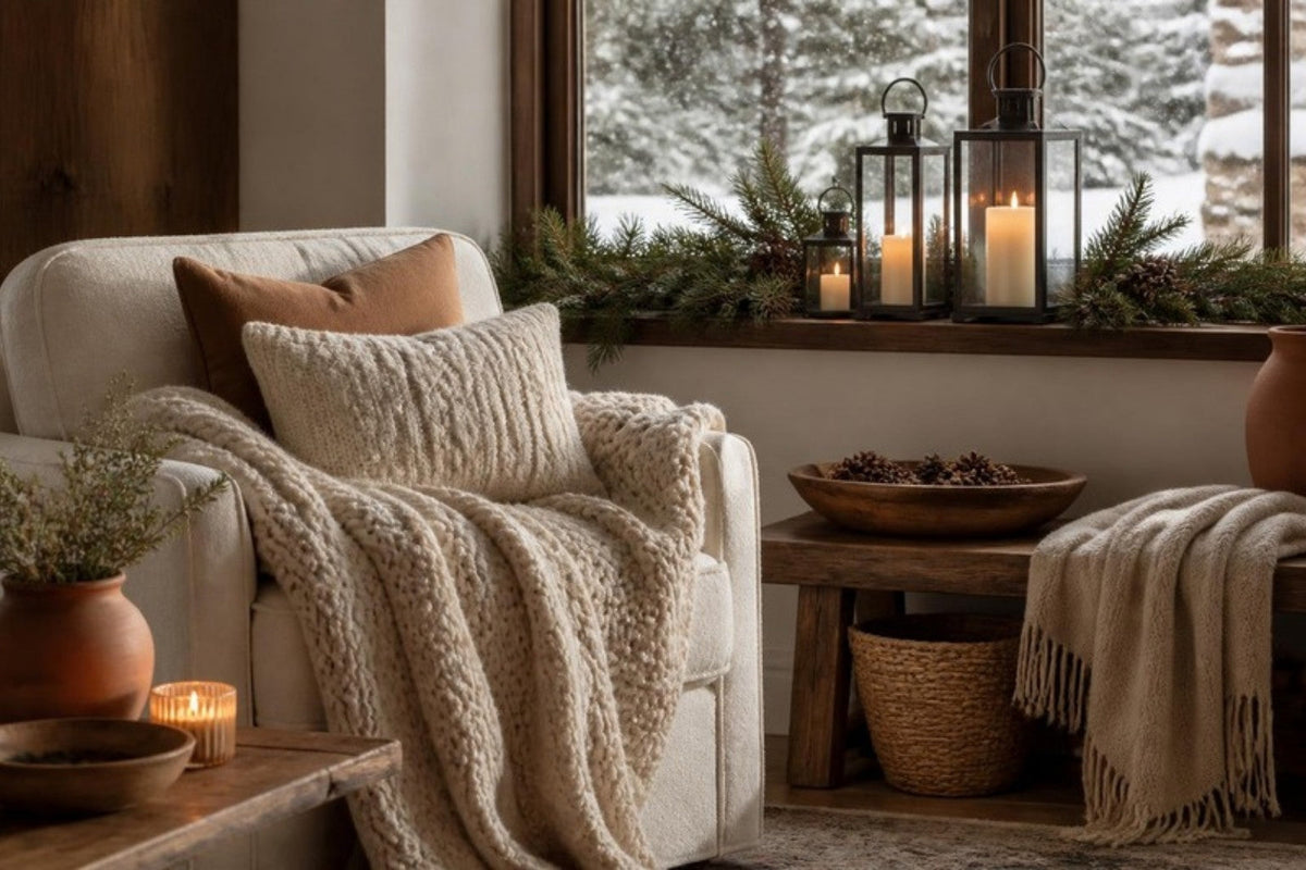 A cream armchair layered with chunky knit throws beside a snowy window, with a fir garland and lit candle lanterns on the sill.