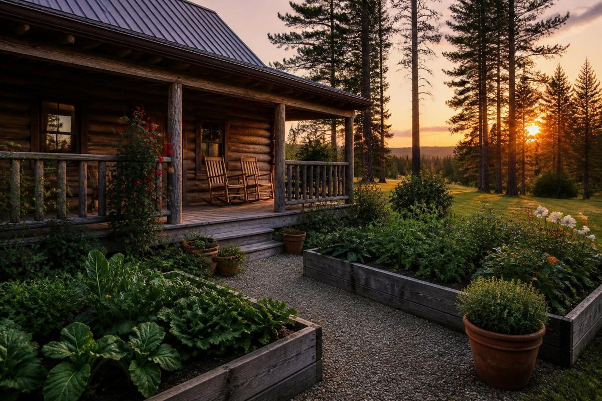 Log cabin with a covered wooden porch and a backyard garden at sunset