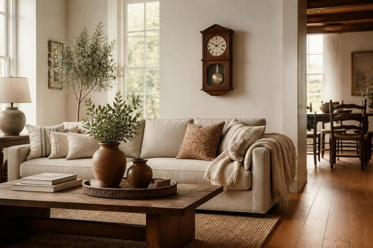 Living room styled with a walnut pendulum wall clock, linen sofa, layered throw pillows and ceramic vases