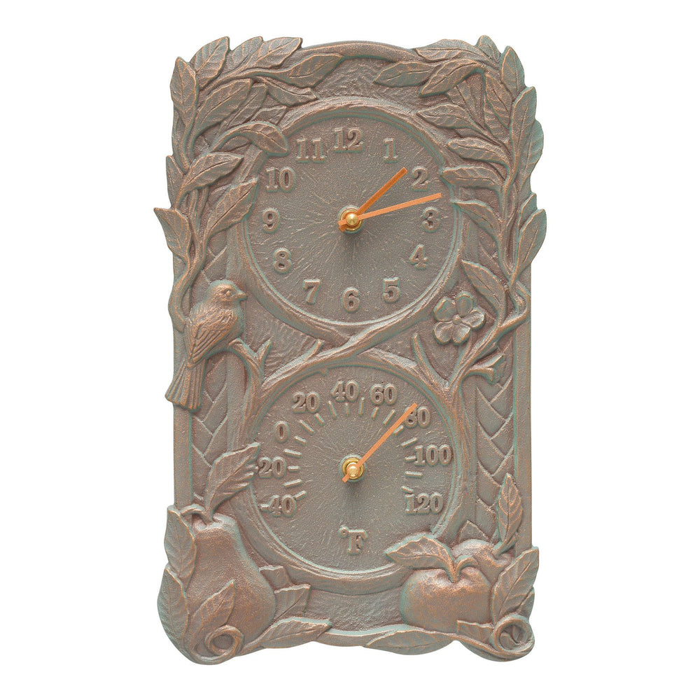 Whitehall Fruit Bird Indoor Outdoor Wall Clock & Thermometer - Copper Verdigris