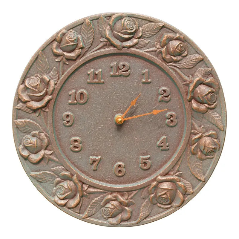 Whitehall Rose 12" Indoor Outdoor Wall Clock - Copper Verdigris