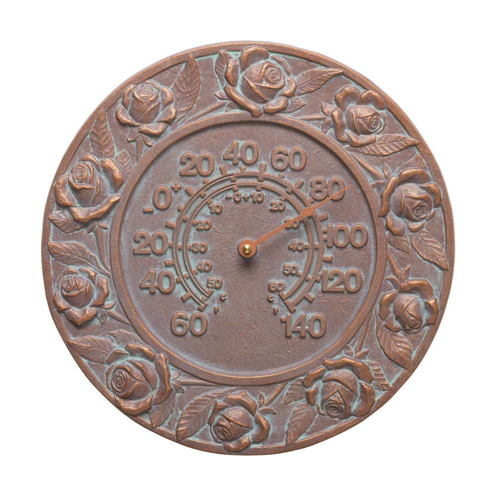 Whitehall Rose 12" Indoor Outdoor Wall Thermometer - Copper Verdigris