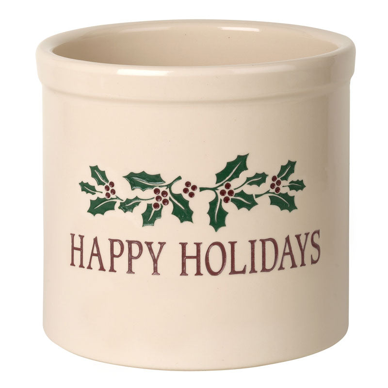 Whitehall Happy Holidays Holly 2 Gallon Stoneware Crock - Bristol Crock, Multi Color Engraving