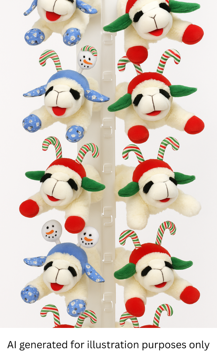 Multipet Holiday Lamb Chop 10.5” Plush Dog Toy - Special Edition 12-Piece Clipstrip (Candy Cane & Snowman)