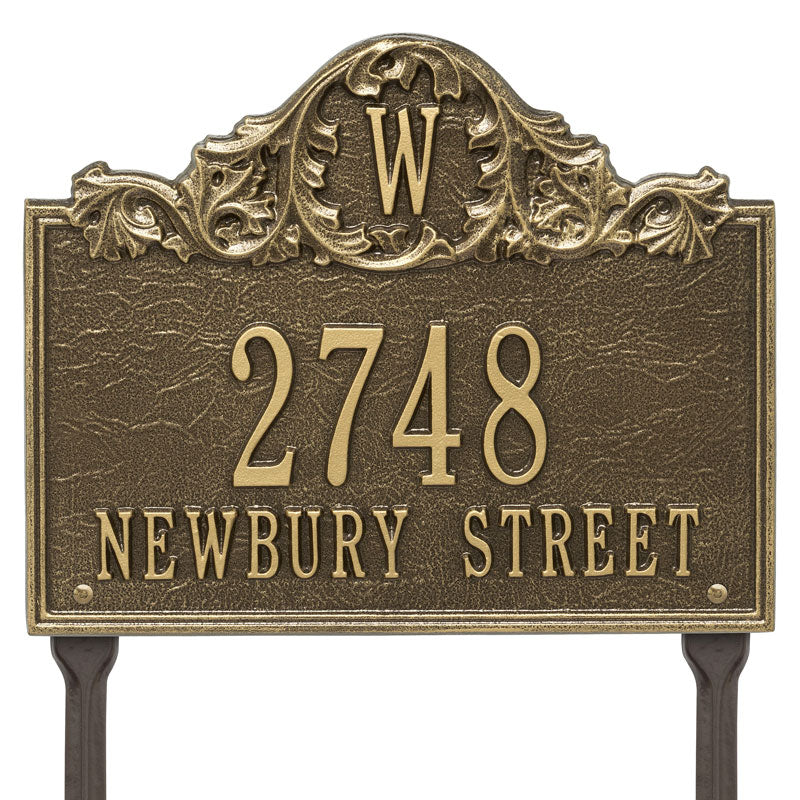 Whitehall Acanthus Monogram Lawn 3-Line Personalized Address Plaque - Antique Brass