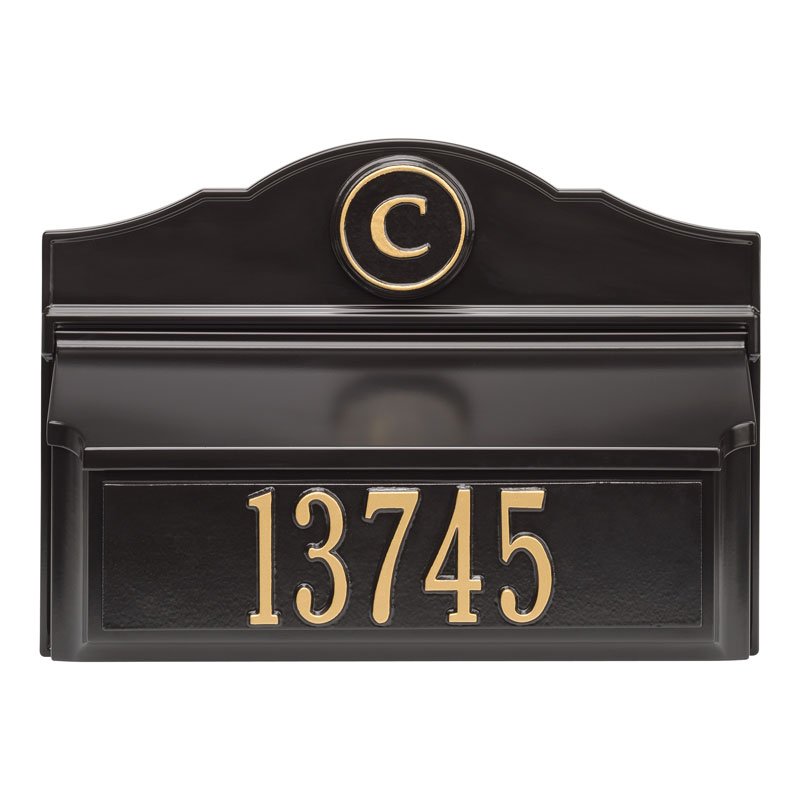 Whitehall Colonial Wall Mailbox Package #1 (Mailbox, Plaque & Personalized Monogram) - Black/Gold
