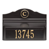 Whitehall Colonial Wall Mailbox Package #1 (Mailbox, Plaque & Personalized Monogram) - Black/Gold