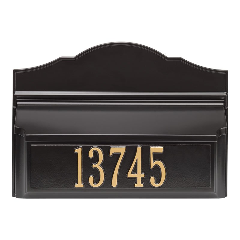Whitehall Colonial Wall Mailbox Package #2 (Mailbox & Personalized Plaque) - Black/Gold
