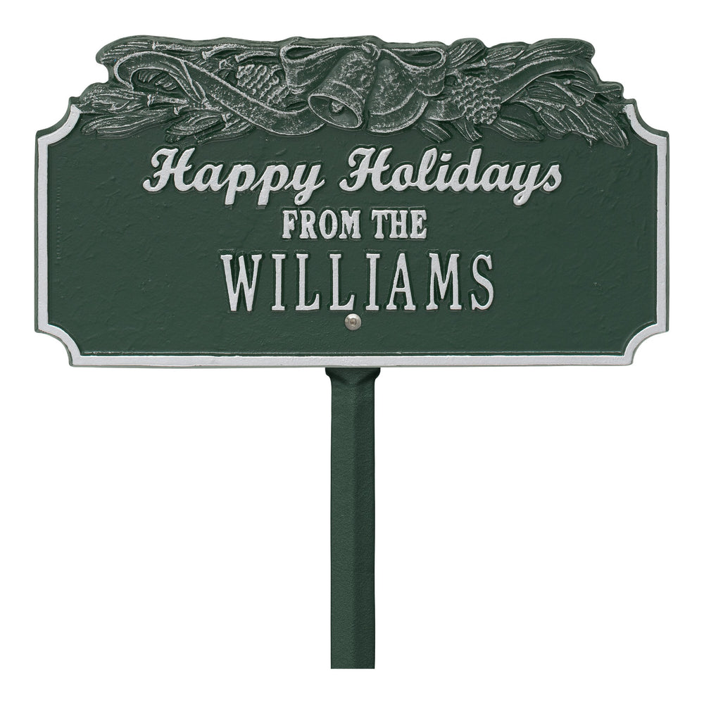 Whitehall Happy Holidays with Bells Standard Lawn 1-Line Personalized Holiday Plaque - Green/Silver