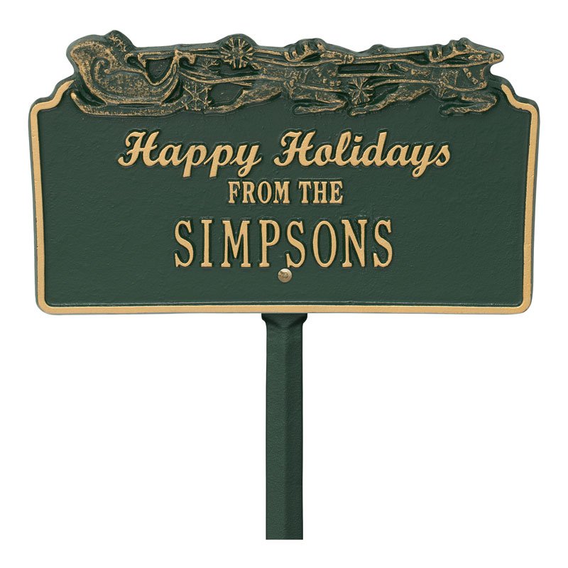 Whitehall Happy Holidays with Sleigh Standard Lawn 1-Line Personalized Holiday Plaque - Green/Gold