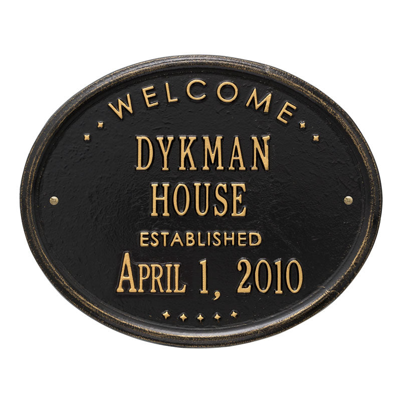 Whitehall Welcome Oval "House" Established Standard Wall 2-Line Personalized Plaque - Black/Gold