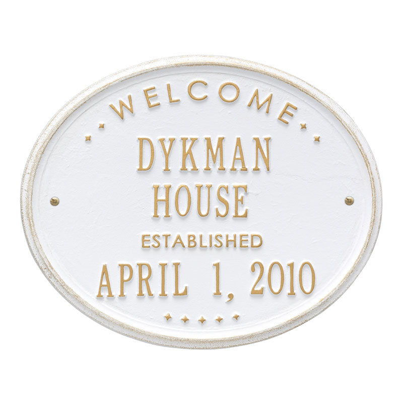 Whitehall Welcome Oval "House" Established Standard Wall 2-Line Personalized Plaque - White/Gold