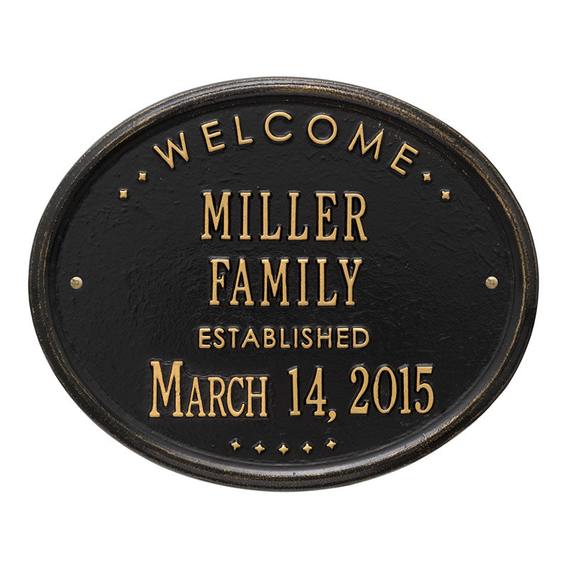Whitehall Welcome Oval "Family" Established Standard Wall 2-Line Personalized Plaque - Black/Gold