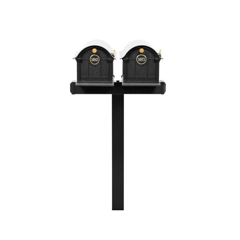 Whitehall Balmoral Duo Mount Mailbox Package with Personalized Door Medallions - Without Newspaper Boxes / Black/Gold