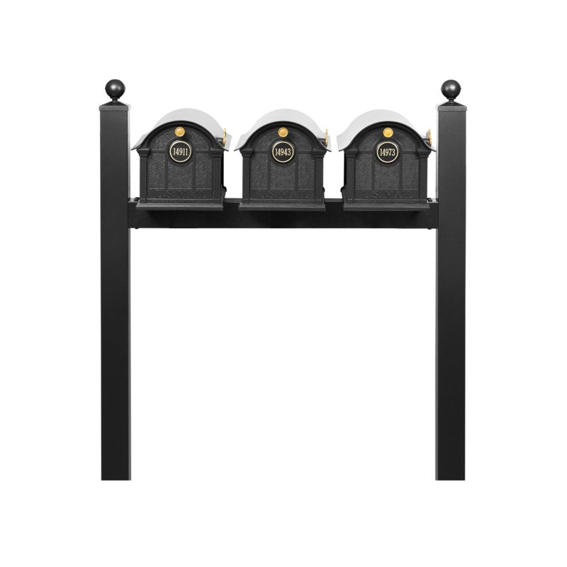 Whitehall Balmoral Triple Mount Mailbox Package with Personalized Door Medallions - Ball Finials / Without Newspaper Boxes / Black/Gold