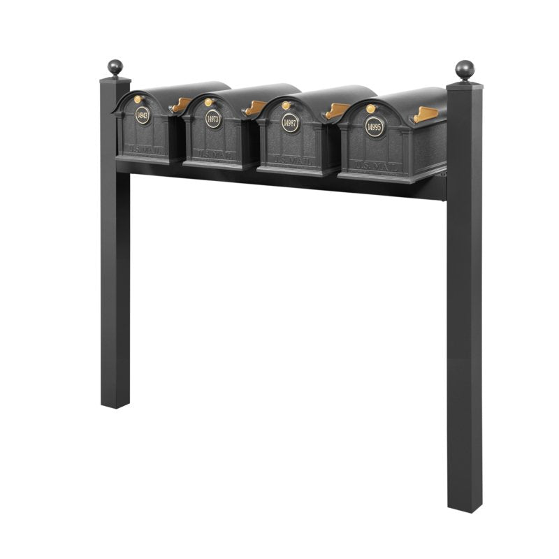 Whitehall Balmoral Quad Mount Mailbox Package with Personalized Door Medallions - Ball Finials / Without Newspaper Boxes / Black/Gold