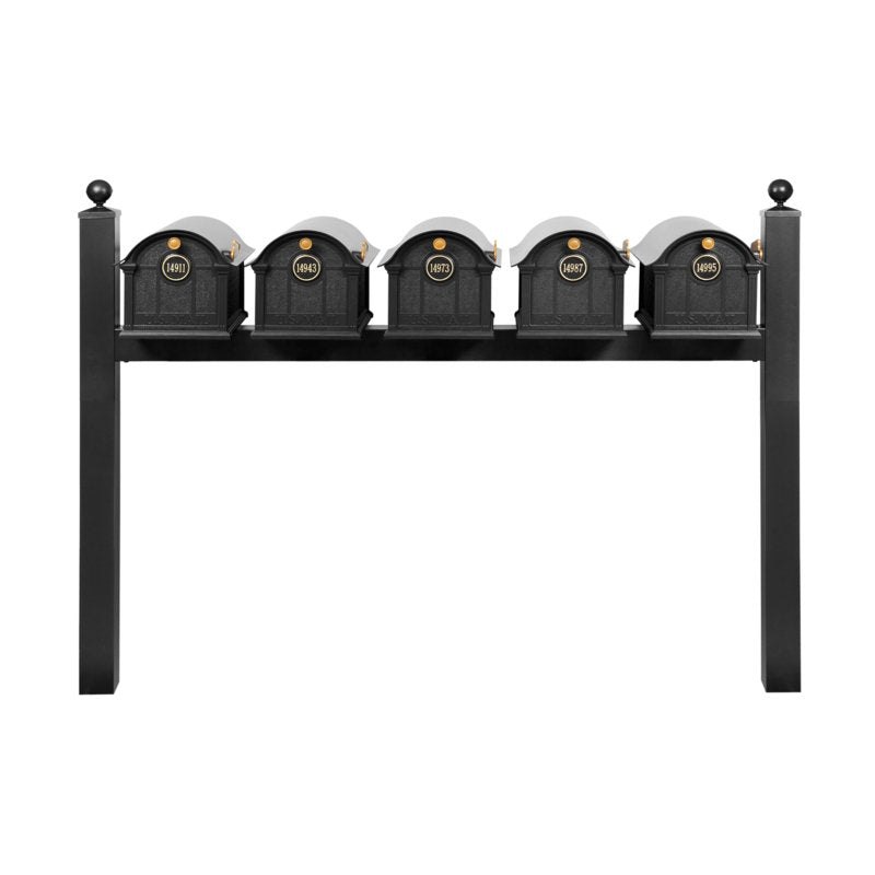 Whitehall Balmoral Quint Mount Mailbox Package with Personalized Door Medallions - Ball Finials / Without Newspaper Boxes / Black/Gold