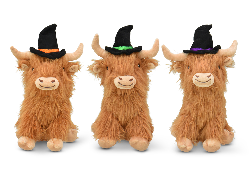 Multipet Halloween Highland Shaggy Cow with Witch Hat Plush Dog Toy - 8"