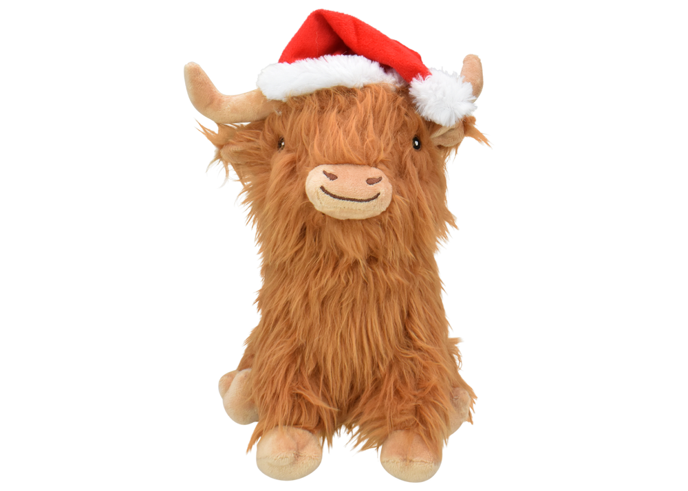 Multipet Holiday Highland Cow with Santa Hat Plush Dog Toy - 8"